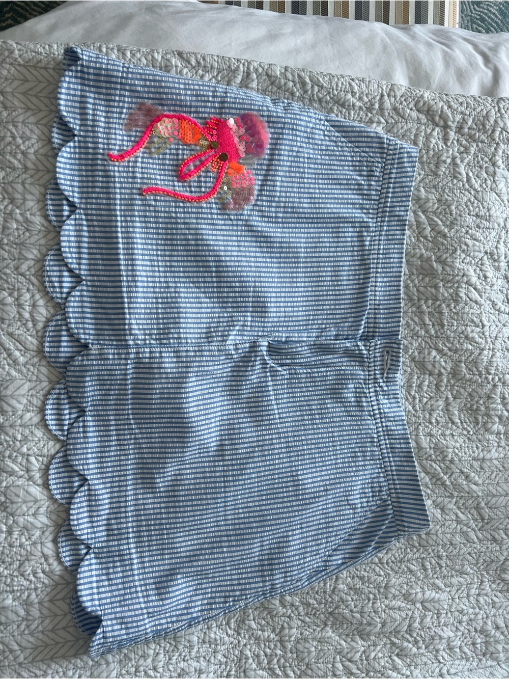 Blue & White Seersucker Scalloped Shorts with Neon Jellyfish Patch